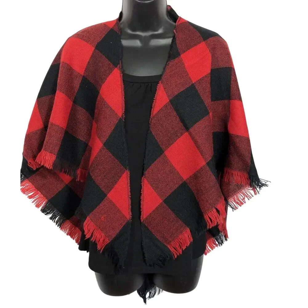 Vintage Buffalo Plaid Scarf Triangle, Red and Black Large Fringed, 70